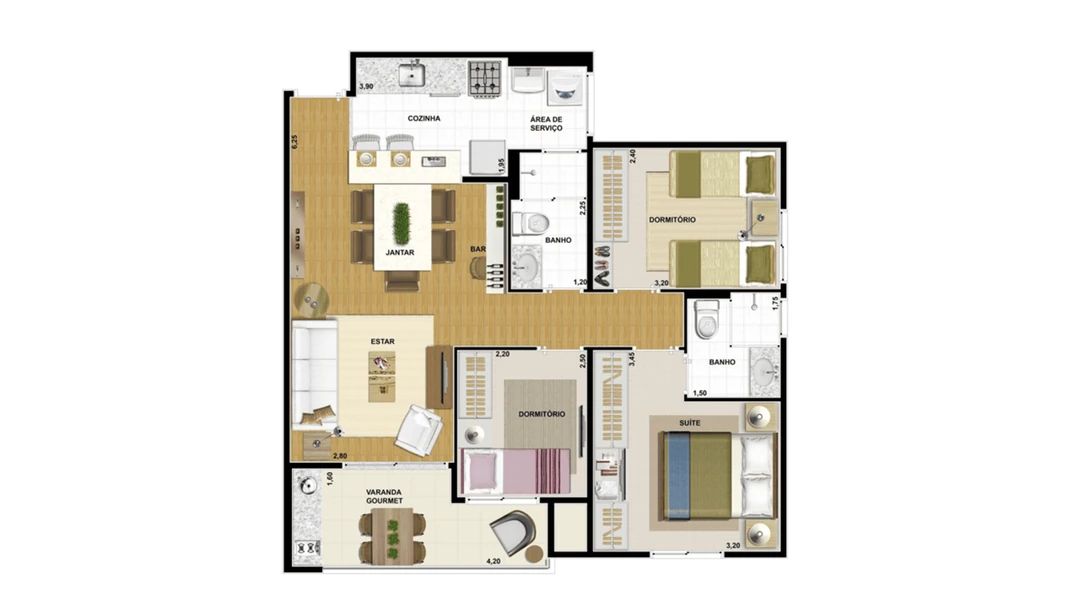 70m² - Uma Suíte com Dois Dormitórios