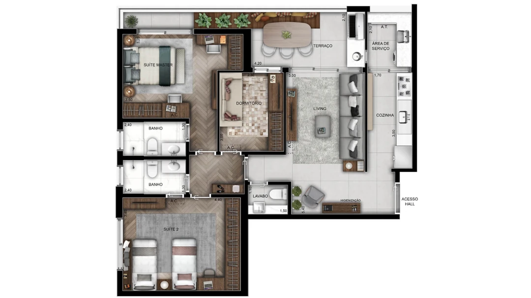 107m²- 2 Suítes - 3 Dormitórios