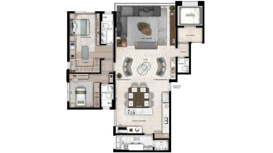 153m² - 2 Suítes - Living, Sala de Jantar e Cozinha Integrados