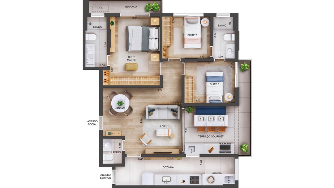 96m² - 3 Suítes - 5° ao 20° Pavto