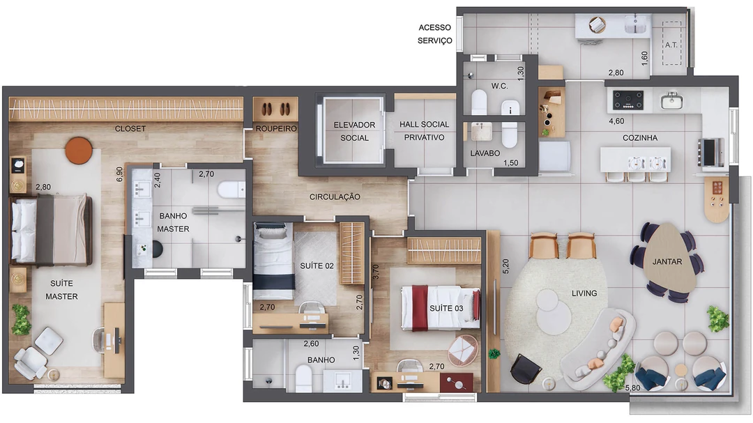 126m² - 3 Suítes - Banho master ampliado + Living, terraço e cozinha integrados - 5° ao 20° Pavto