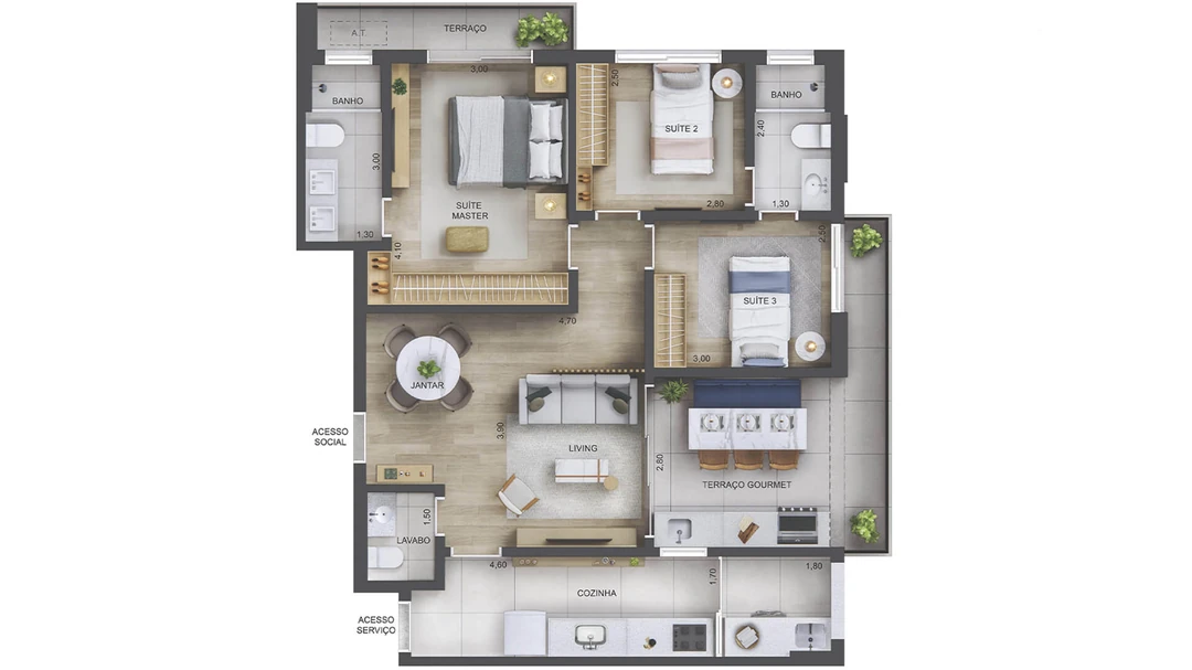 96m² - 3 Suítes - 5° ao 20° Pavto