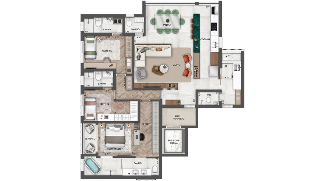 142m² - 3 suítes - Banho master ampliado