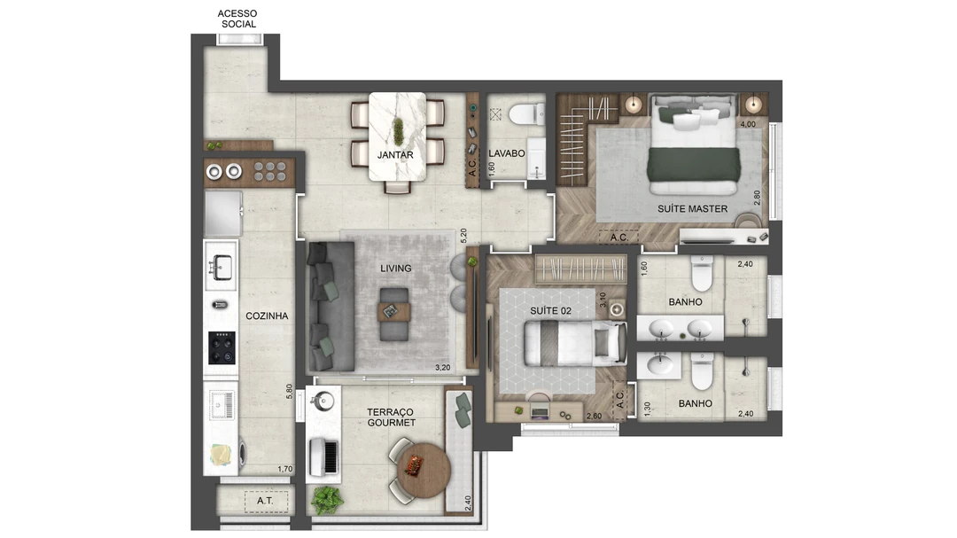 80m² - 2 Suítes