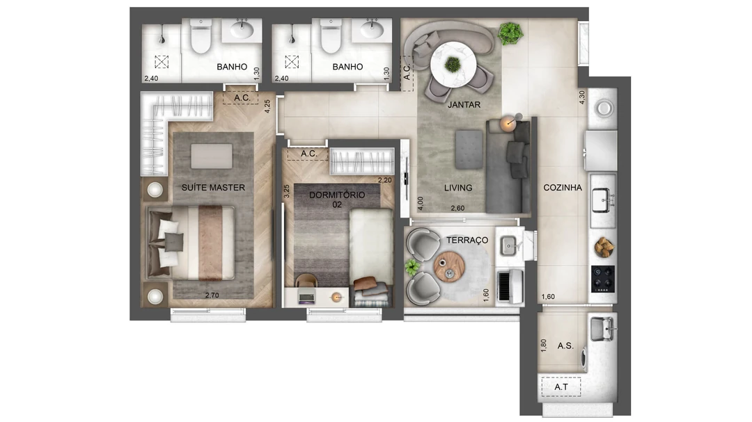 65m² - 2 Dormitórios - 1 Suíte