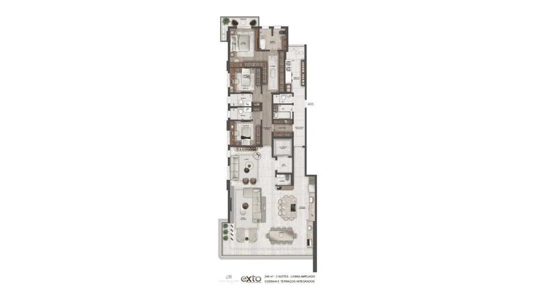 248m² - 3 Suítes - Living Ampliado - Cozinha e Terraço Integrados