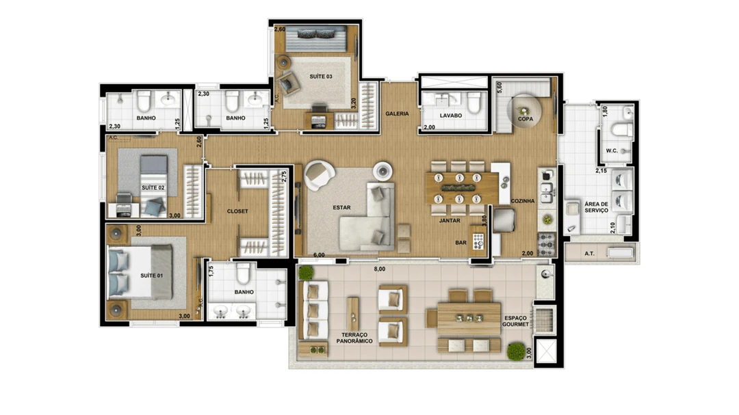 141m² - 3 suítes, closet e cozinha ampliada