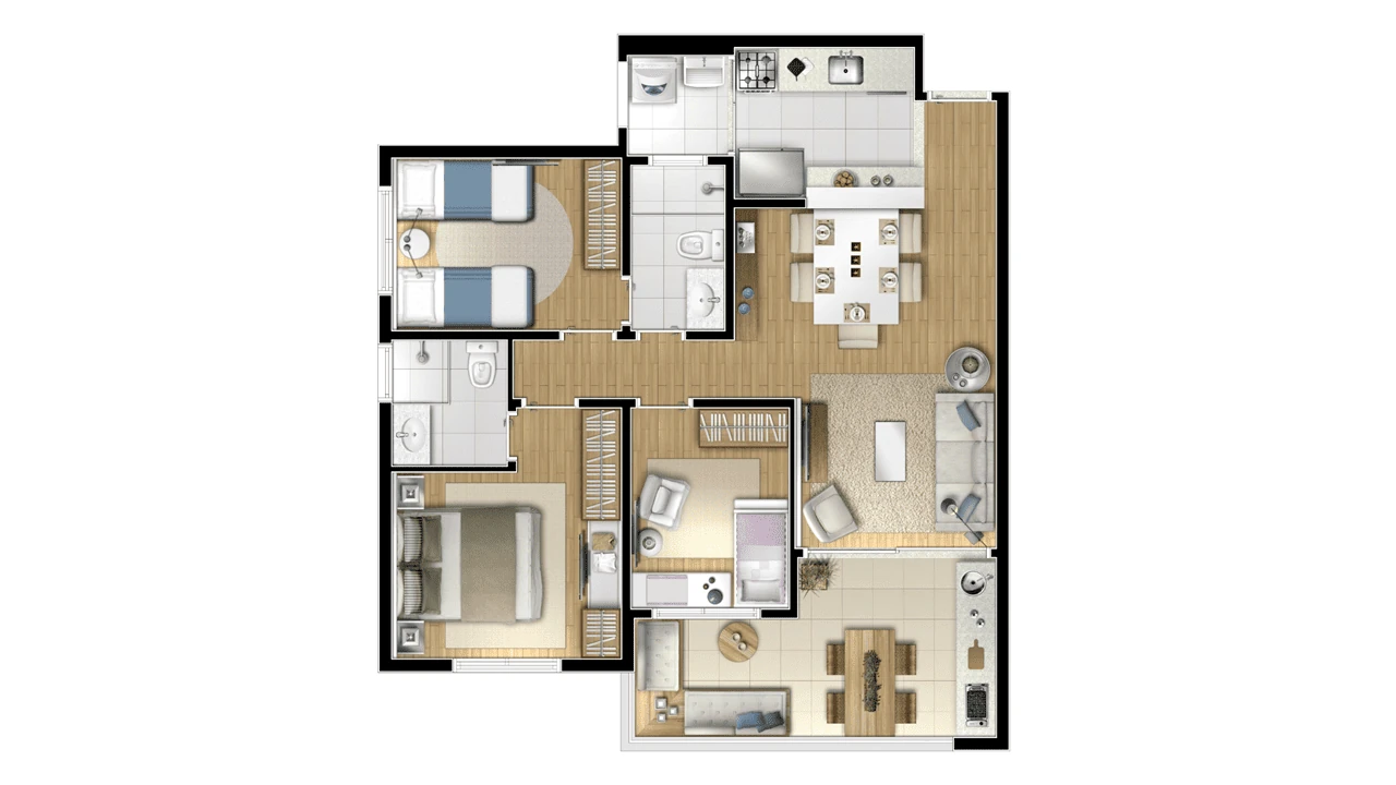 77m² - Uma Suíte e Dois Dormitórios