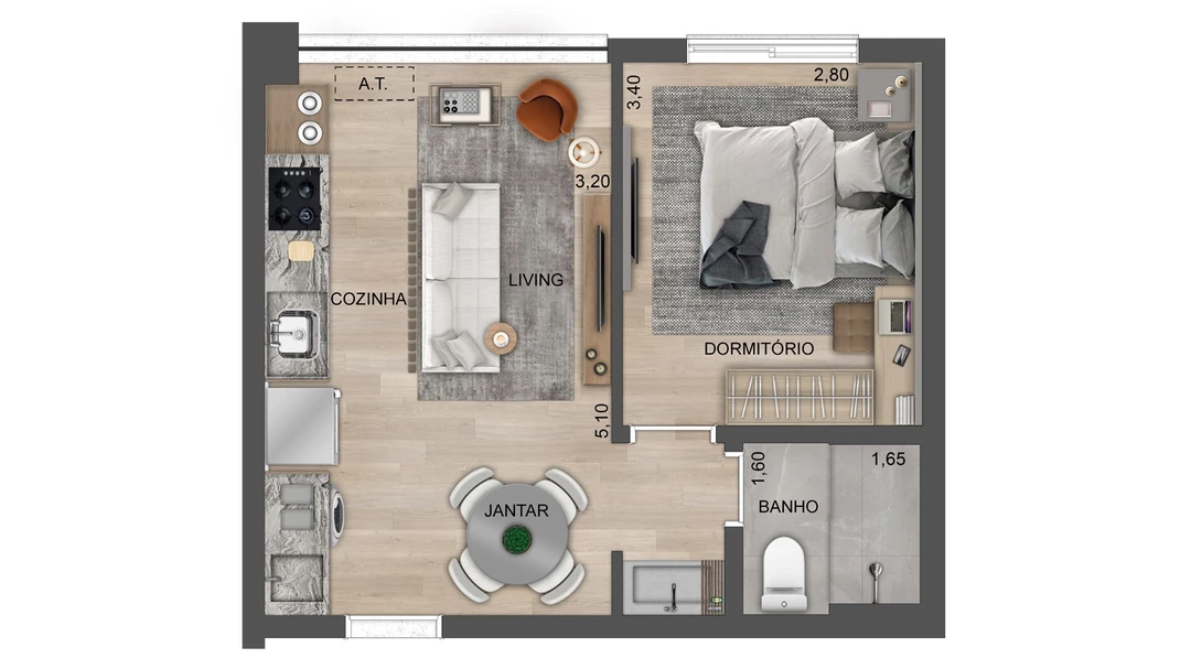 35m² - 1 Dormitório - Living ampliado