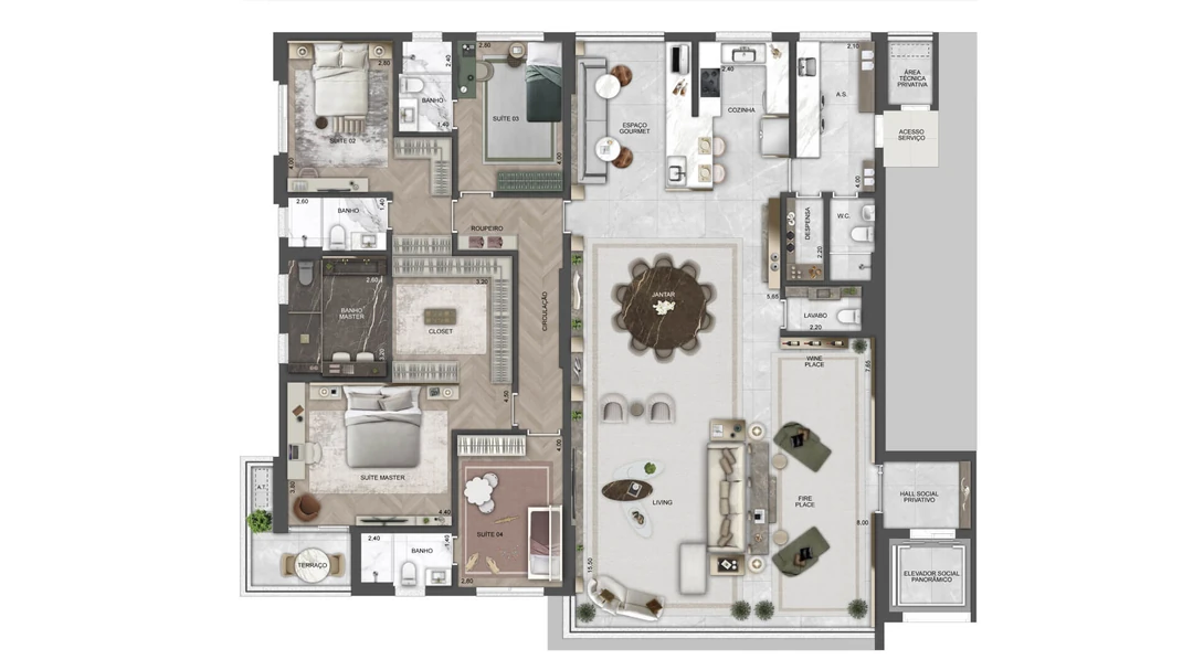 258m²  - Banho master ampliado + Living, cozinha e terraço integrados