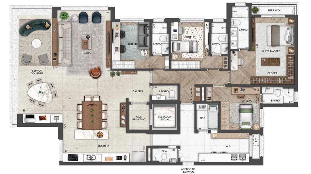 220m² - 4 Suítes - Living, cozinha e terraço integrados