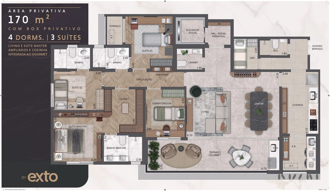 170m² - 3 Suítes - 4 Dormitórios - Living e Suíte Master Ampliados - Cozinha Integrada ao Gourmet