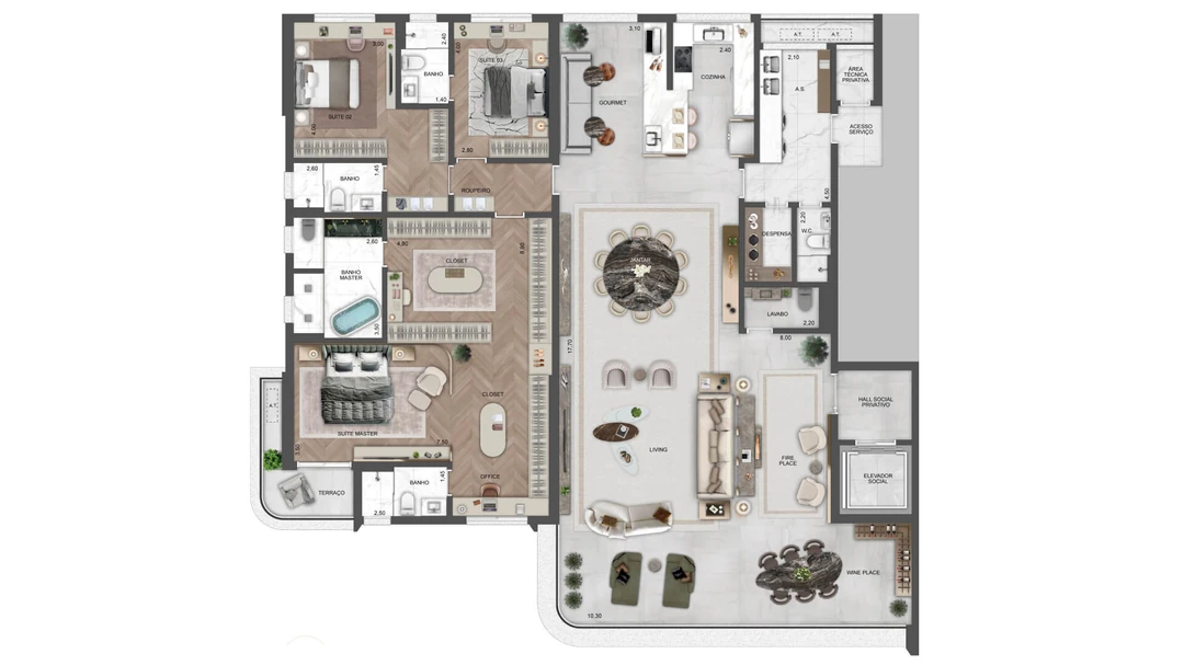 290m² - 3 Suítes - Suíte master ampliada + Living, cozinha e terraço integrados