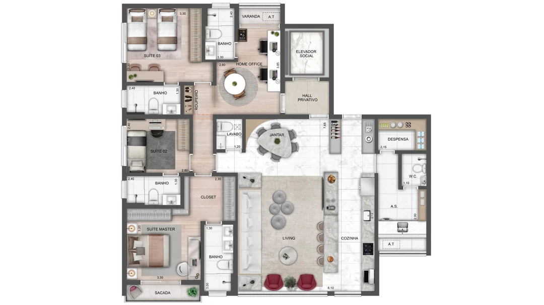 142m² - 3 Suítes - Home Office + Living e Cozinha Integrados