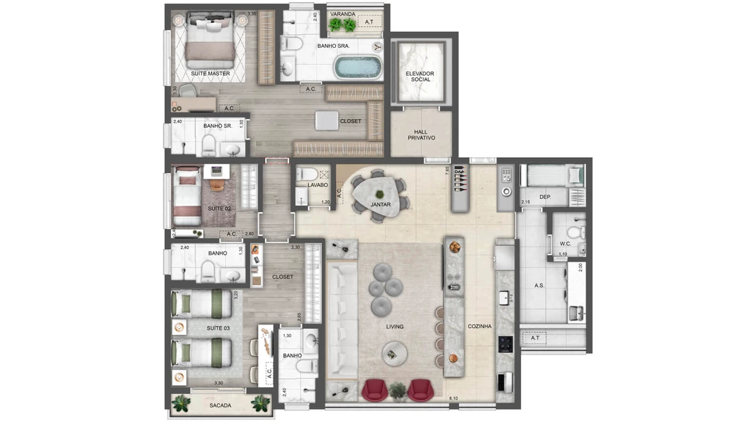 142m² - 3 Suítes - Suíte Master Ampliada - Living e Cozinha Integrados
