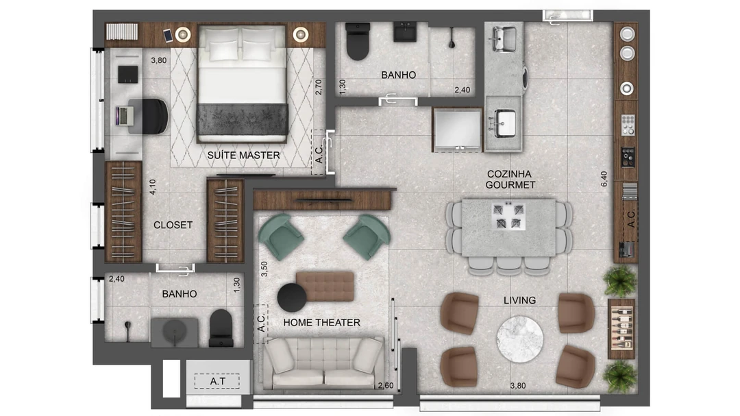 62m² - 1 Suíte - Suíte Ampliada + Home Theater